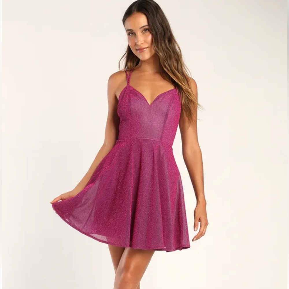 NWT Lulu’s Got You Glowing Magenta Sparkly Lace-Up Skater Dress Shimmery XL